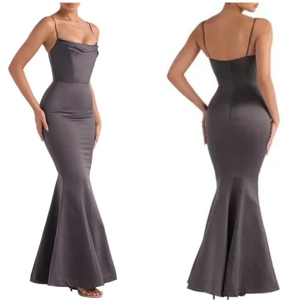 HOUSE OF CB Violette Satin Mermaid Gown in Dark Grey Size X-Small